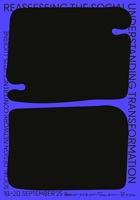 Violett-blaues Konferenzplakat mit grossen schwarzen Formen und umlaufendem Titeltext der Veranstaltung.