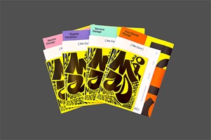 Mehrere Yearbook-Ausgaben in Fächerform ausgebreitet, mit farbigen Tabs: Master Design, Digital Ideation, Service Design und Eco-Social Design – grafische Navigation durchs Programm.