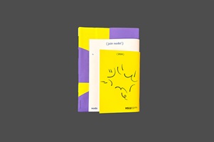 Gefaltetes Plakat mit Überblick zum Studiengang ‘Master Digital Ideation’ neben einem gelben Booklet – Übersicht zu Curriculum, Inhalten und Zielen.