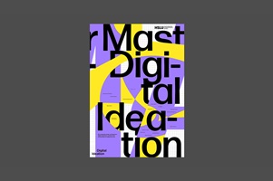 Gestalterisches Plakat für Master Digital Ideation in Violett und Gelb mit überlappenden Formen und typografischen Elementen.
