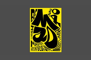 Typografisches Poster mit verzerrtem Schriftzug ‚MA Design‘ in Schwarz auf knallgelbem Grund – visuelle Identität des Masterprogramms.