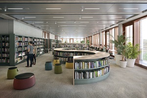 Visualisierung der künftigen Bibliothek im neuen Gebäude «Perron» des Campus Luzern Bahnhof.