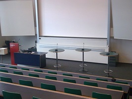 Die abgestufte Anordnung der Sitzreihen bietet allen Teilnehmenden gute Sicht aufs Podium.