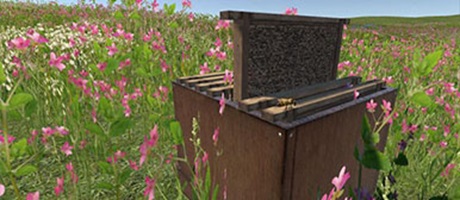Virtueller Bienenstock auf einer Blumenwiese