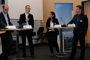 Thierry Kneissler (Twint), Dr. Falk Kohlmann (Swisscom), Dr. Veronica Lange (UBS) und Christian Vetsch (Abrantix) diskutieren über Mobile Bezahllösungen.