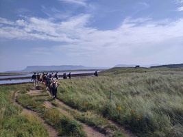 Studierende spazieren an einem Strand in Schweden