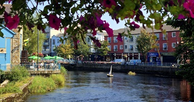 Ein Bach, umgeben von Häusern und Bäumen