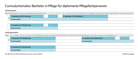 Grafische Darstellung der Semesterstruktur im Bachelor in Pflege für dipl. Pflegefachpersonen