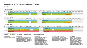 Grafische Darstellung der Semesterstruktur des Masters in Pflege (Teilzeit)