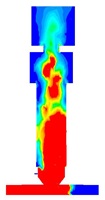 Modellrechnungen zur Verbrennung aschereicher Brennstoffe in einer Schneckenrostfeuerung. Das Bild zeigt den Gehalt an Kohlenmonoxid von rot (hohe Konzentration) bis blau (Faktor 10 unter Grenzwert).