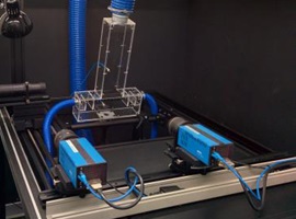 Optische Strömungsmessungen mittels Particle Image Velocimetry (PIV) an einem Modell eines Feuerraums.