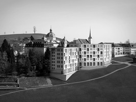 Visualisierungsmodell des Klosters Menzingen: Der wohlproportioniere Baukörper gliedert sich selbstbewusst in das bestehende Ensemble ein.