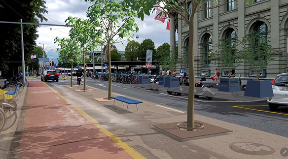 Hier kann virtuell bereits in der geplanten zweiten Baumreihe an der Bahnhofstrasse flaniert werden.