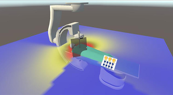 Ein virtueller Farbverlauf zeigt die simulierte Intensität der Strahlung im Raum an