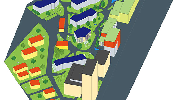 Quartier (in Anlehnung an die Suurstoffi, Rotkreuz) mit Gebäuden, Strassen, Wegen, Grün- und Wasserflächen sowie Bäumen als 3D-Modell (Bild HSLU)