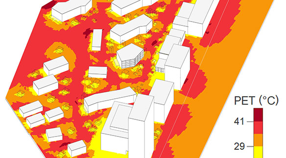 Berechnete Physiologisch Äquivalente Temperatur (PET) auf 2 m über Boden um 11:00 am 12. Juli 2035 (Bild HSLU)  Gut zu erkennen sind die tieferen Temperaturen der Grünflächen und unter den Bäumen im Vergleich zu den heissen Strassen und Wegen.