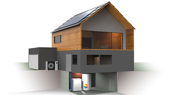 Das Energiesystem der Zukunft: Haus mit Photovoltaik, Wärmepumpe und dem cowa Booster Speicher im Keller.
