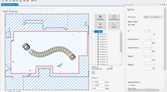 Bediensoftware «Path Planner»: Die schwarze Punktwolke stellt die Kontur des Raumes dar. Sie dient den Robotern zur Navigation. Der rote Pfad grenzt den Arbeitsbereich ab. Ausserhalb des roten Pfades ist die verbotene Zone, welche von den Robotern nicht angefahren werden kann. In diesem Szenario wird der linksstehende Roboter stehenbleiben, während der rechtsstehende Roboter auf der angezeigten Fahrkurve zu ihm fährt und bei jedem Punkt eine Messung durchführt.