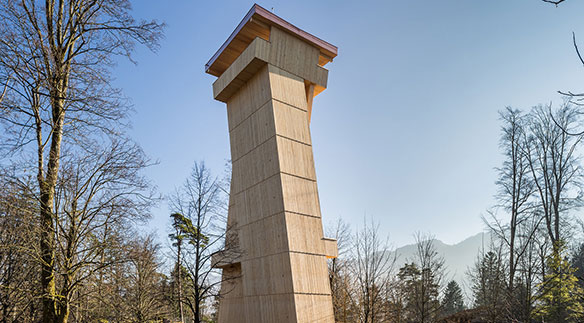 Schwyz: Der «schreitende Waldmensch» im Tierpark von Goldau ist aus Holz, das aus der Sichtweite des Turmes stammt, gebaut. Quelle: © Frederic Urben