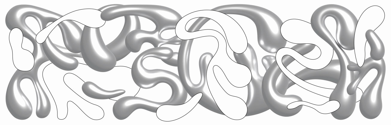 Abstrakte silbergraue 3D-Formen mit darüberliegenden weißen, geschwungenen Konturlinien.