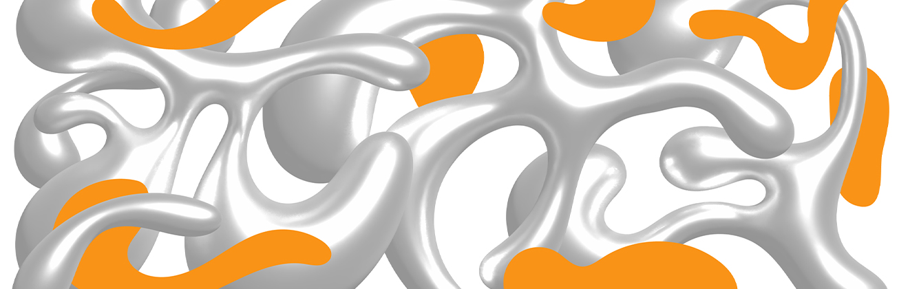 Abstrakte 3D-Grafik mit silbrig glänzenden, plastischen Formen, die von organisch wirkenden orangen Flächen durchzogen sind – digitale Illustration mit futuristischem Charakter.