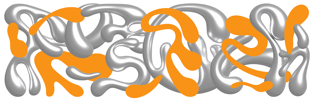 Dynamische 3D-Grafik aus silbernen, flüssig wirkenden Formen kombiniert mit leuchtend orangen Elementen – wirkt wie eine visuelle Metapher für Bewegung und Transformation.