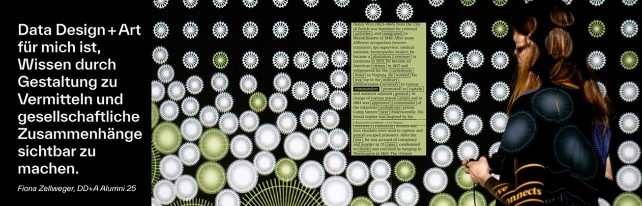 Eine Studentin vor einem Bildschirm und einer Lichtinstallation. Links steht ein Zitat von ihr. 