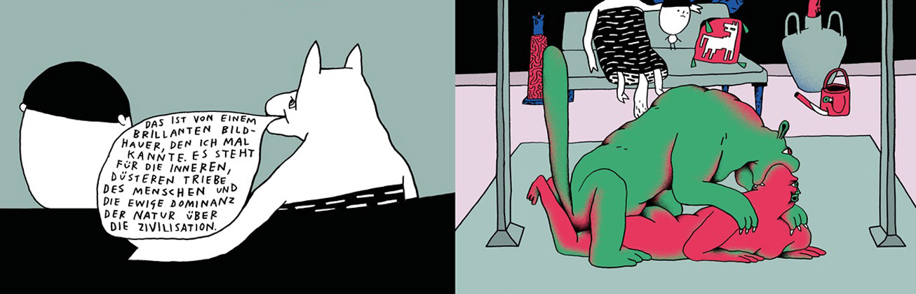 Farbige Illustration eines Comic mit Tieren