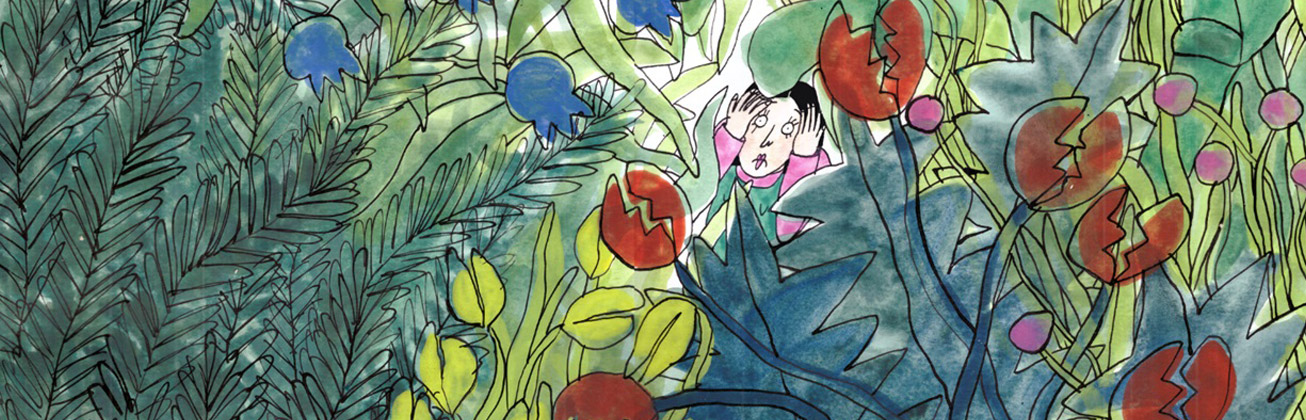 Illustration einer Frau, die im Gebüsch mit Blumen sitzt