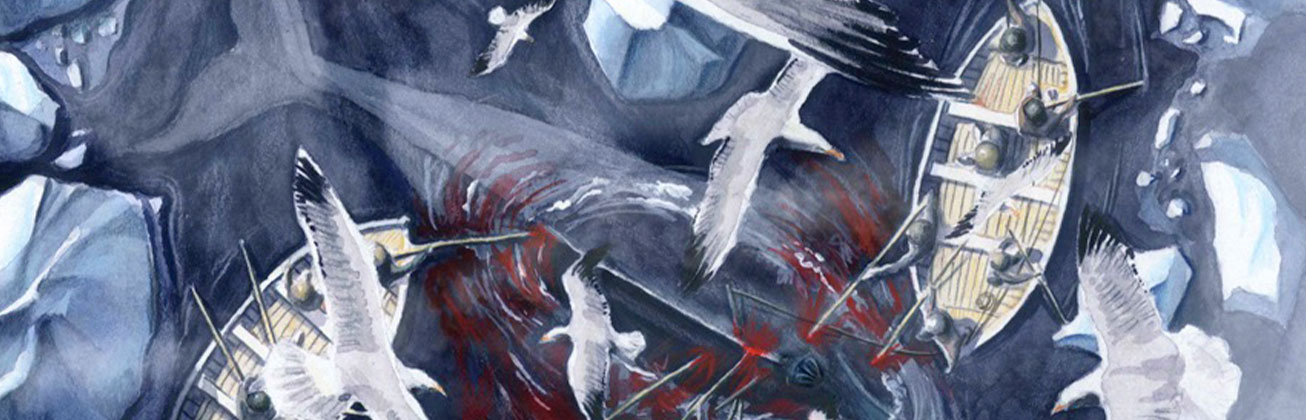 Illustration eines Schiffes und vielen Vögeln von oben