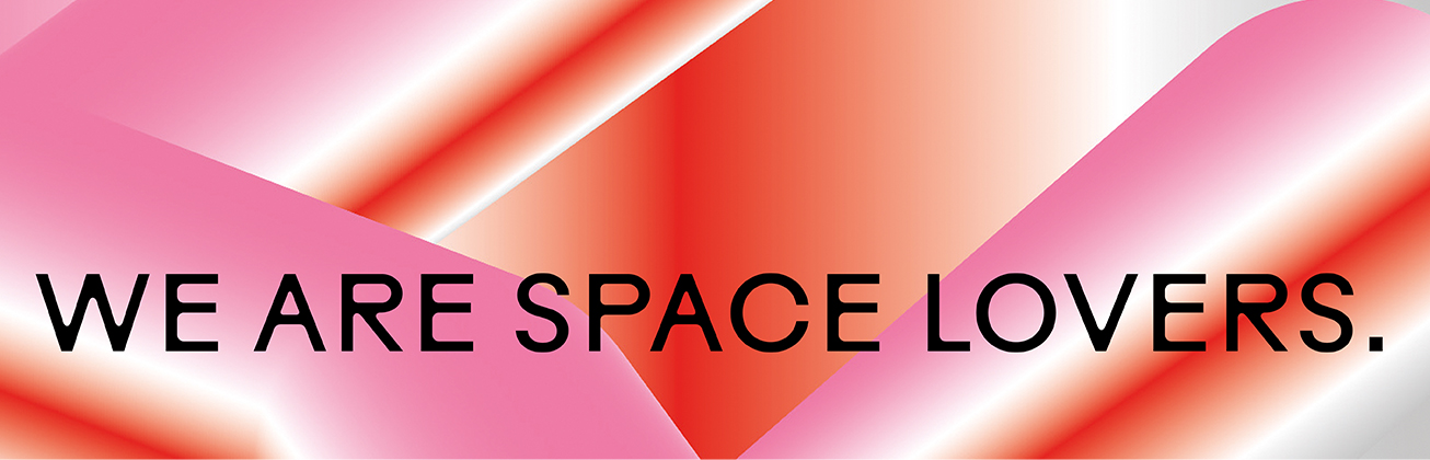 Eine pink-weiss-orange Grafik von Spatial Design und ihrem Motto 