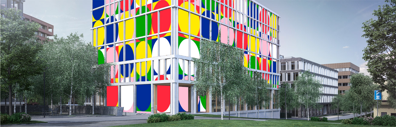 Visualisation of colorful blinds on a building