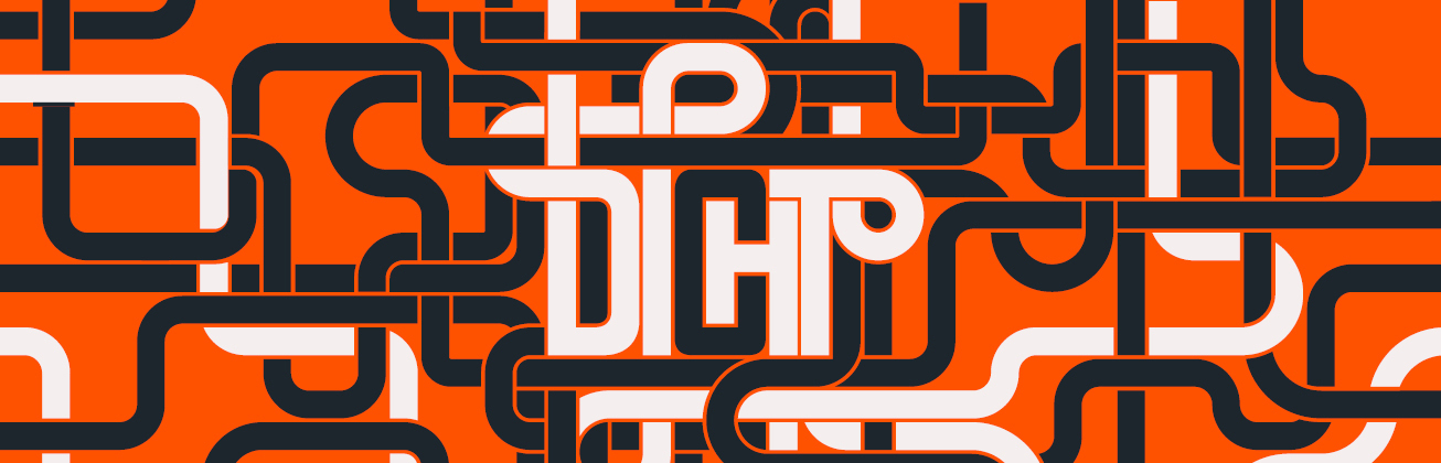 Abstraktes grafisches Muster in Orange mit verschlungenen schwarzen und weißen Linien und Buchstaben, die das Wort 