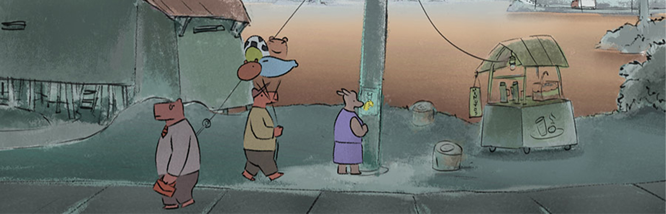     Tapir Memories: Animierte Strassenszene mit drei tierähnlichen Figuren an einer Uferpromenade. Im Hintergrund liegen Wasser, eine dicht bebaute Stadt und Schiffe, rechts steht ein kleiner Verkaufsstand.    Tapir Memories: Animierte Strassenszene mit drei tierähnlichen Figuren an einer Uferpromenade. Im Hintergrund liegen Wasser, eine dicht bebaute Stadt und Schiffe, rechts steht ein kleiner Verkaufsstand.