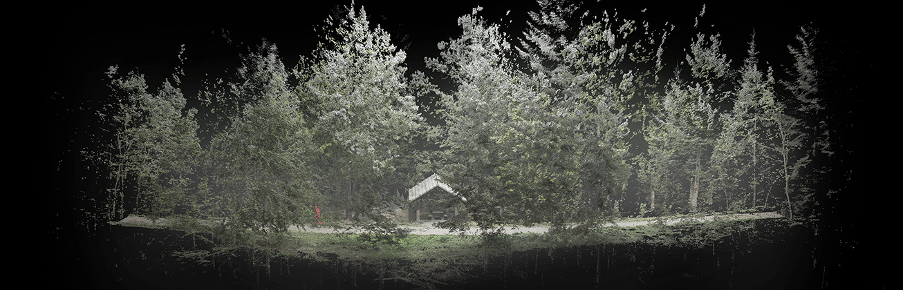 Ein belichteter Wald mit einem Holzhaus in der Mitte und rundherum ist alles schwarz