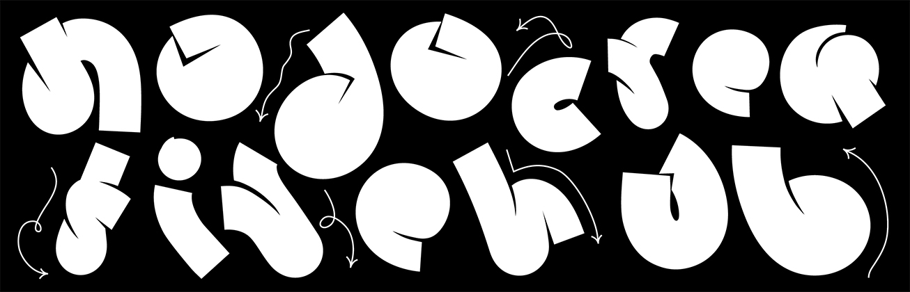 Weisse, spielerisch verzerrte Buchstaben auf schwarzem Hintergrund formen den Schriftzug Nodo - Creative Hub‘. Pfeile betonen die Bewegung und kreative Dynamik.