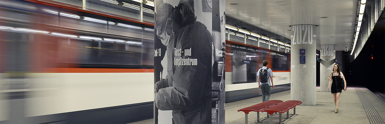 Gestalterische Interventionen im öffentlichen Raum rund um die Allmend/Messe Luzern, mit Beschriftungen, historischen Bezügen und Menschen in Bewegung an Haltestellen, Treppen und Zugängen.