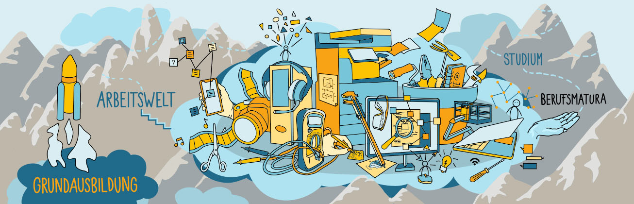 Illustration aller Berufe, welche an der Hochschule Luzern ausgebildet werden.