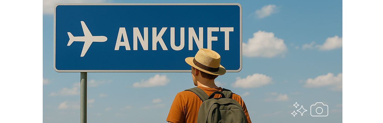 Person vor einem Ankunfts-Schild