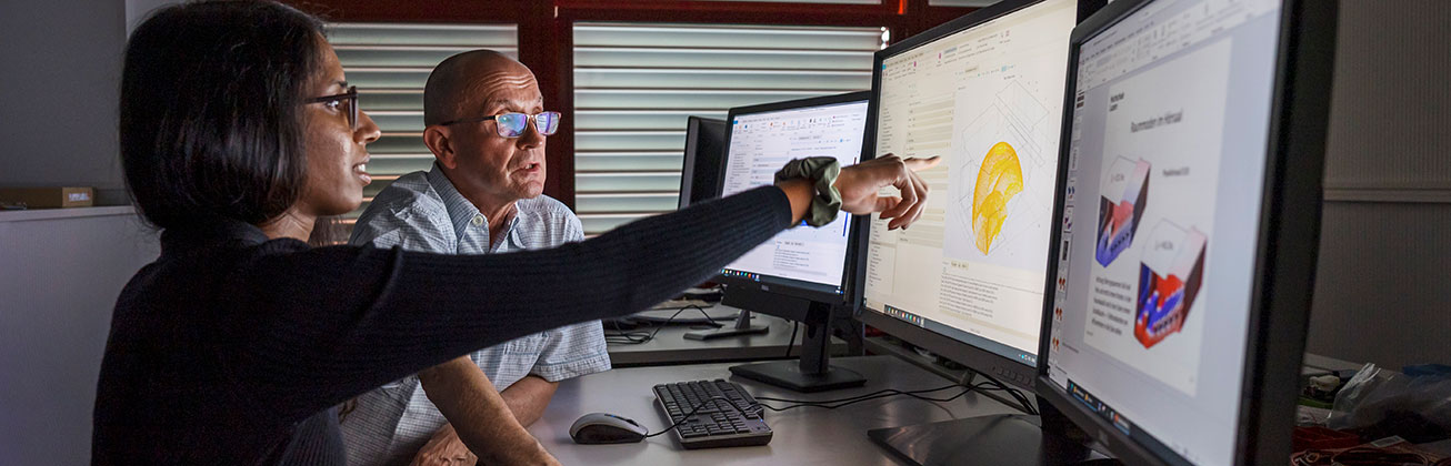 Woman and Man sitting at various screens