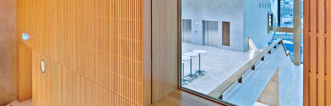 Fenster zeigt auf Treppe und Foyer des Campus Rotkreuz