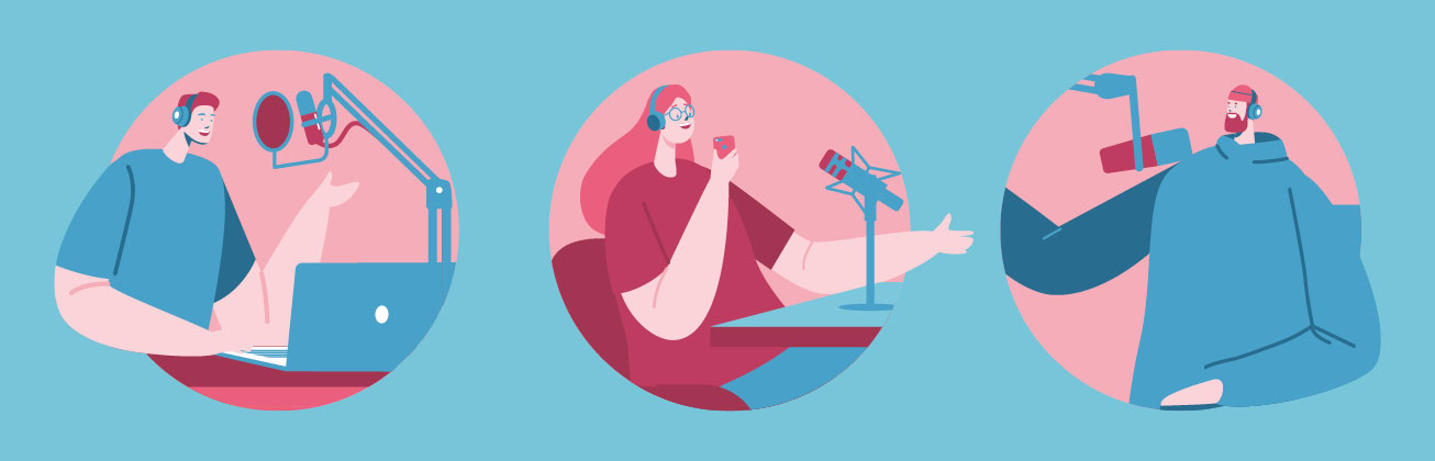 Illustrierte Personen bei der Aufnahme eines Podcasts am Mikrofon