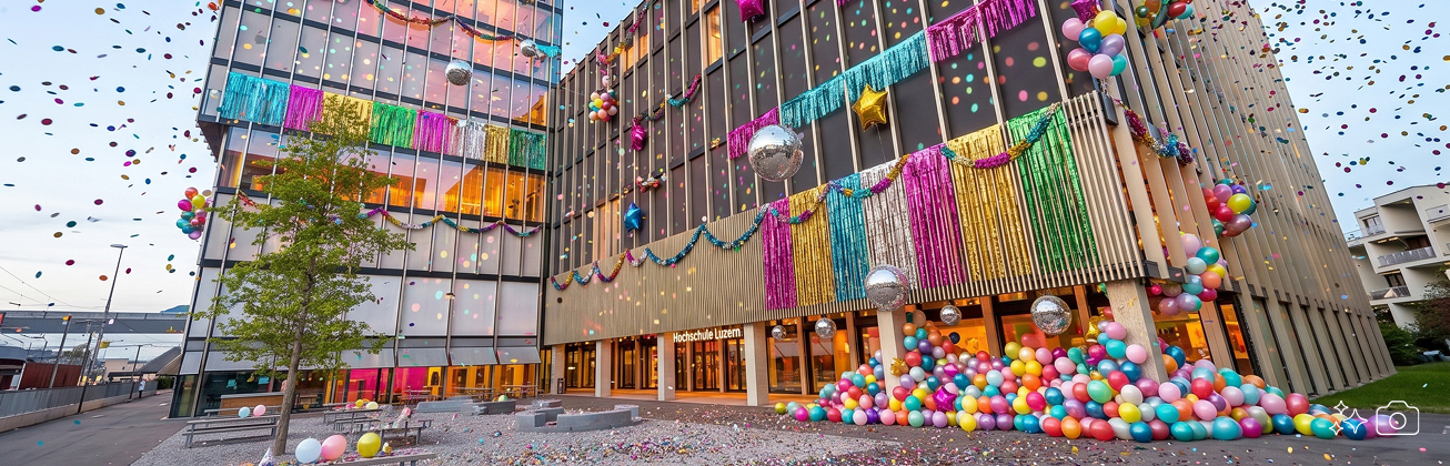 KI generiertes Bild vom Campus rotkreuz mit glitzernder Deko