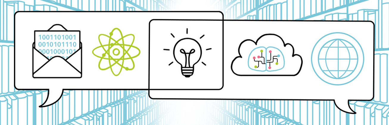 Illustration von Sprechblasen, in denen Icons eines verschlüsselten Briefes, einem Atom, einer Glühbirne, einer Cloud und eines Netzwerkes abgebildet sind.