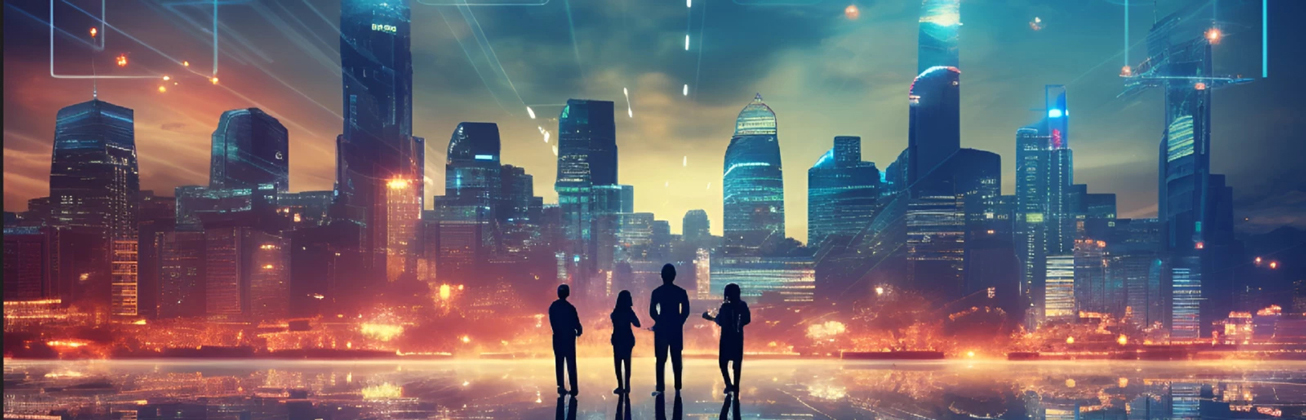 Silhouetten von Menschen vor Hochhäusern