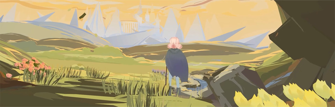 Illustration einer Person, die in eine weite, stilisierte Landschaft mit Bergen und futuristischen Strukturen blickt
