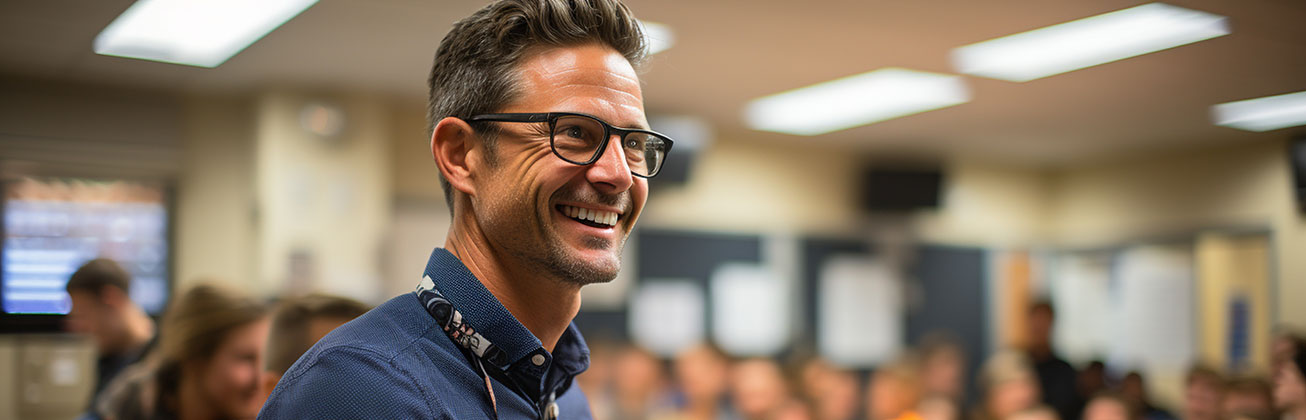 Lachender Mann vor einer Menschengruppe