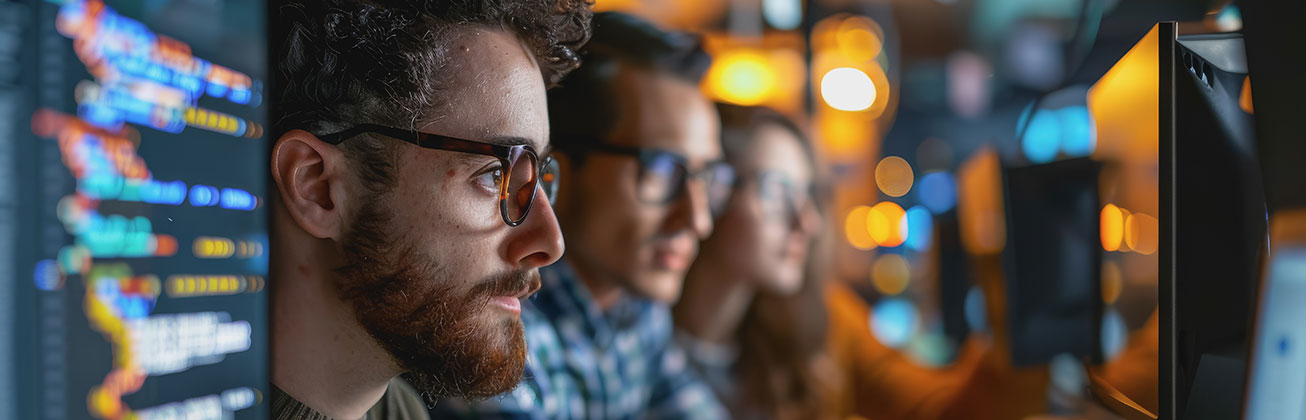 Drei Menschen vor Computerbildschirmen