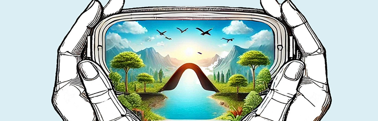 Zwei gezeichnete Hände halten eine illustrierte VR Brille mit Naturmotiv