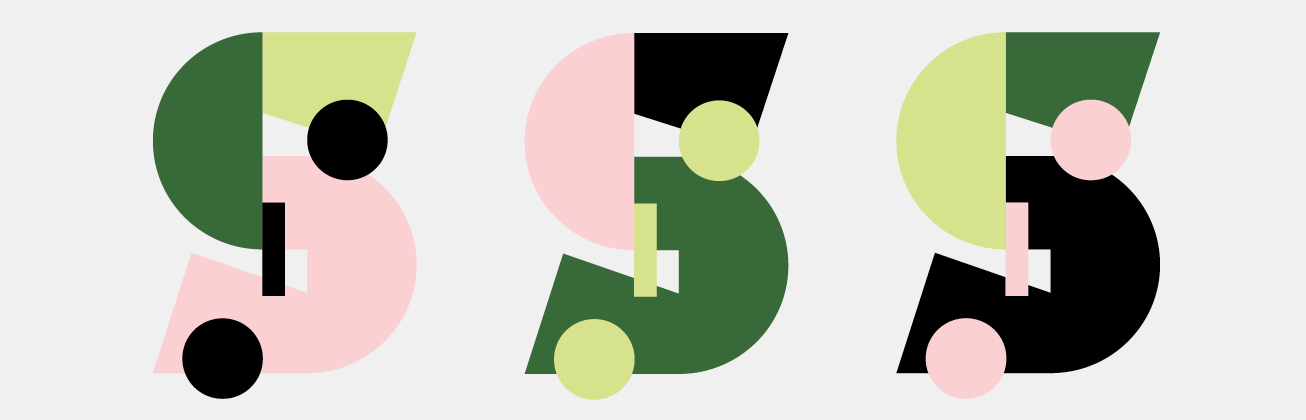 Visual zu den Solokonzerten: Drei stilisierte Buchstaben „S“ aus farbigen, geometrischen Formen in Grün, Rosa und Schwarz.